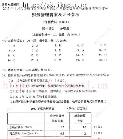 自考《00803财务管理》2013年1月真题及答案